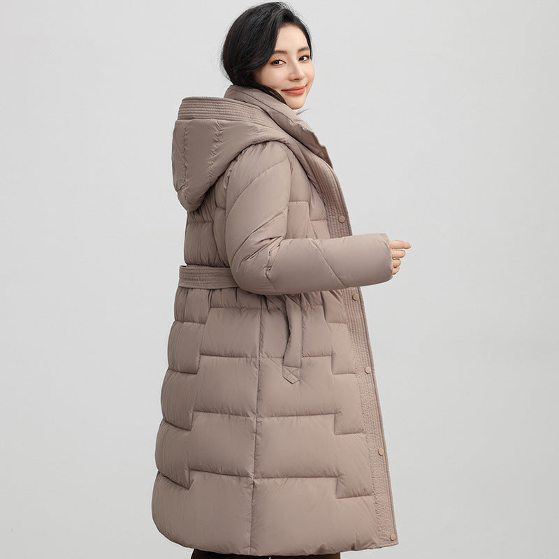 Women's Winter New Waist Trimming Fashion Mid-length Hooded Below-the-knee Coat