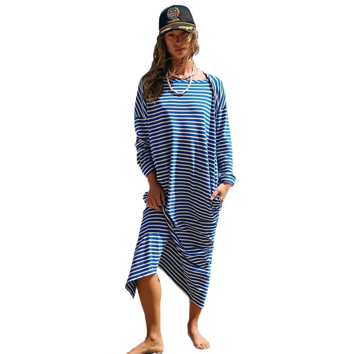 Long Sleeve Loose Long Shirt Contrasting-color Dress