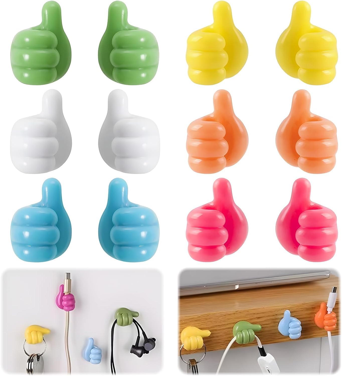 12-Pack Adhesive Thumb Hooks – No-Drill, Removable Cable Holders | Left & Right Hand Wall Clips for USB Cables, Power Cords, Bathroom & Office Use