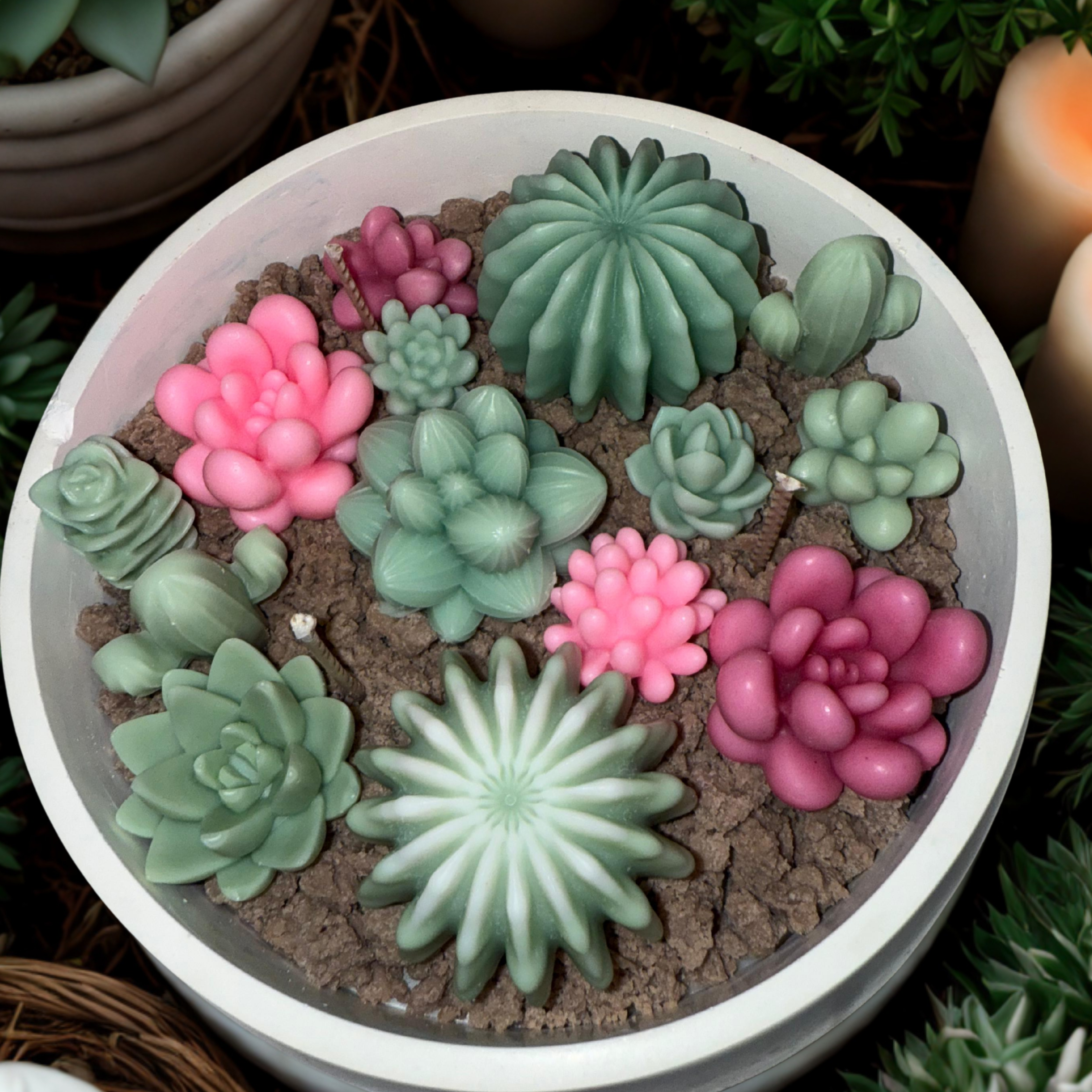 Succulent Candle Arrangement in Planter Pot – Handmade Realistic Succulent Candle Gift