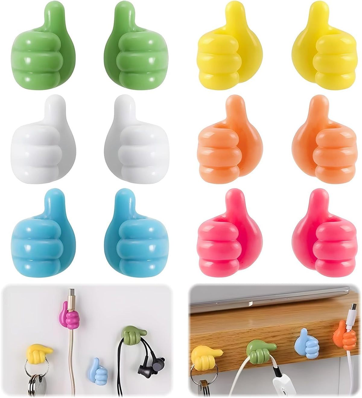 12-Pack Adhesive Thumb Hooks – No-Drill, Removable Cable Holders | Left & Right Hand Wall Clips for USB Cables, Power Cords, Bathroom & Office Use