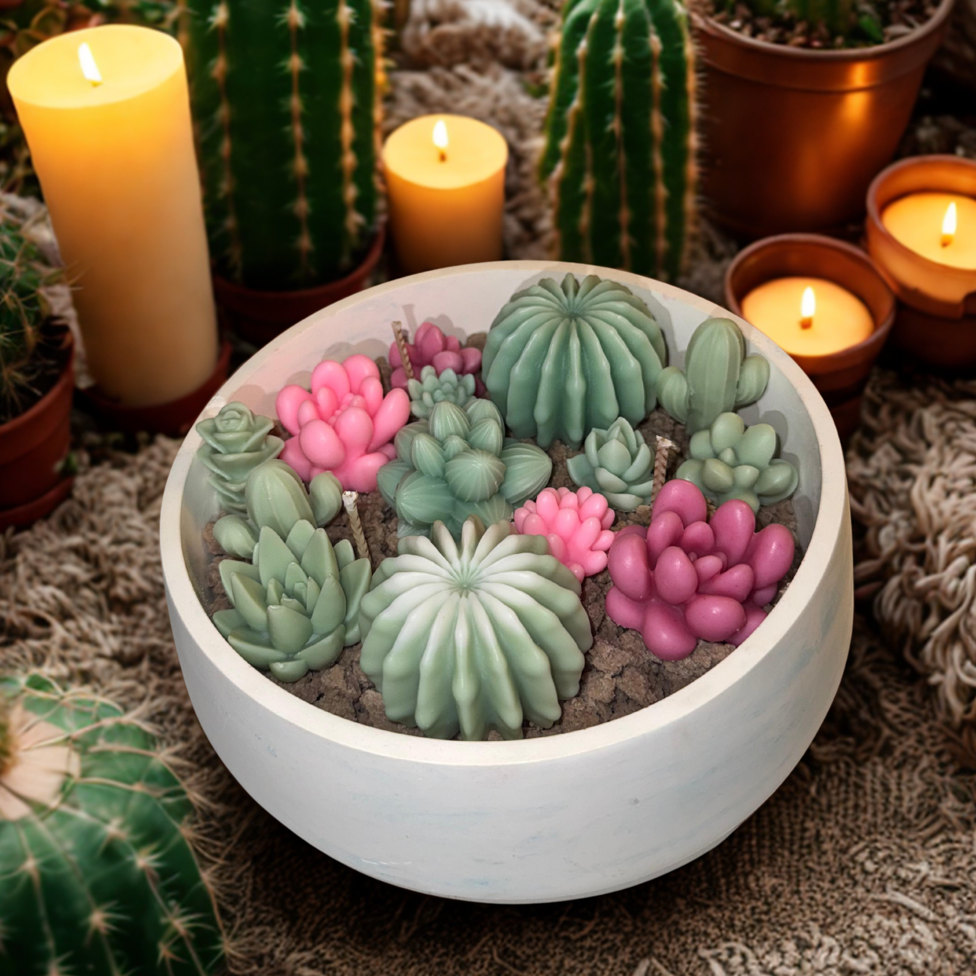 Succulent Candle Arrangement in Planter Pot – Handmade Realistic Succulent Candle Gift