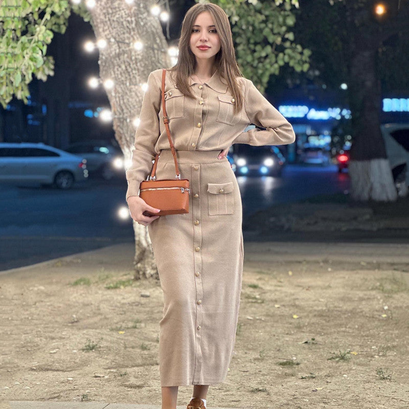 Elegant Pleated Slim-fit Lapel Woolen Skirt Two-piece Suit