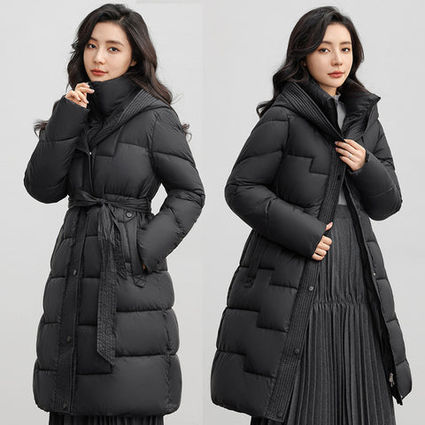 Women's Winter New Waist Trimming Fashion Mid-length Hooded Below-the-knee Coat