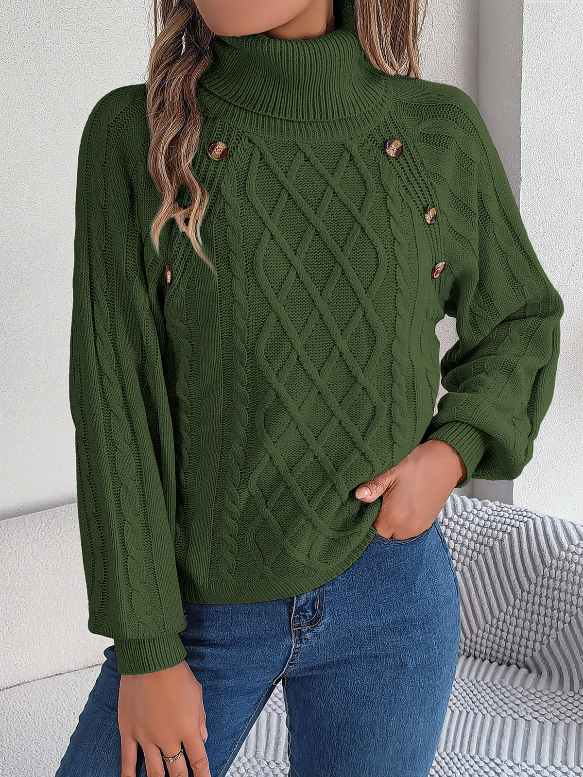 Casual Buttons Cable-knit Turtleneck Lantern Sleeve Pullover Sweater