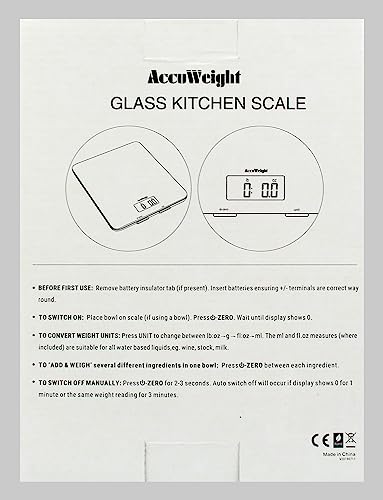 ACCUWEIGHT 201 Digital Kitchen Scales with Tempered Glass Platform (Batteries included), Electronic Weighing Food Scale with Backlit LCD, Multifunction for Office School Home Baking Cooking, 5kg/11lb