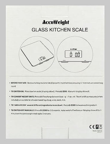ACCUWEIGHT 201 Digital Kitchen Scales with Tempered Glass Platform (Batteries included), Electronic Weighing Food Scale with Backlit LCD, Multifunction for Office School Home Baking Cooking, 5kg/11lb
