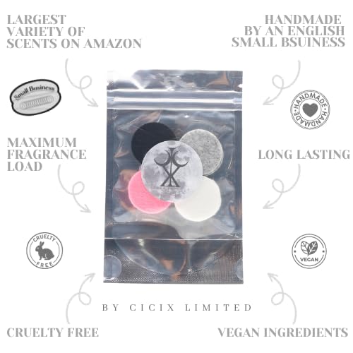 CICIX Scented Vacuum Freshner Discs. 130+ Scents To Pick From. Handmade in England. Strong Scented, Long lasting. Pack of 4x 3cm Discs. Vegan And Cruelty Free. (Clean Cotton)
