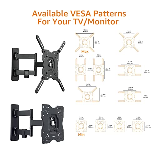 Amazon Basics TV Wall Bracket for 26-55 inch(66cm-140cm) TVs, Swivels Tilts TV Wall Mount for Flat & Curved TV, VESA 100x100mm to 400x400mm, holds up to 36kg, Black