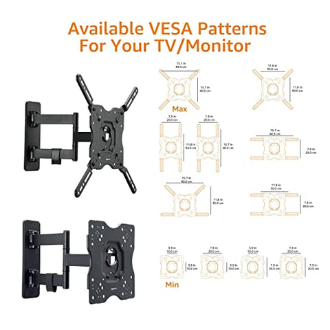 Amazon Basics TV Wall Bracket for 26-55 inch(66cm-140cm) TVs, Swivels Tilts TV Wall Mount for Flat & Curved TV, VESA 100x100mm to 400x400mm, holds up to 36kg, Black