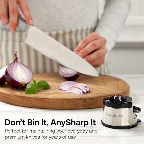 AnySharp Knife Sharpener, Hands-Free Safety, PowerGrip Suction, Safely Sharpens All Kitchen Knives, Ideal for Hardened Steel & Serrated, World's Best, Compact, One Size, Silver