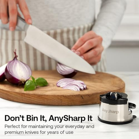 AnySharp Knife Sharpener, Hands-Free Safety, PowerGrip Suction, Safely Sharpens All Kitchen Knives, Ideal for Hardened Steel & Serrated, World's Best, Compact, One Size, Silver