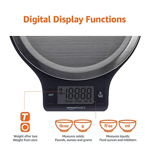 Amazon Basics Digital kitchen scales with LCD display (with batteries), Black and Stainless Steel, BPA free, Weighs up to 11 pounds