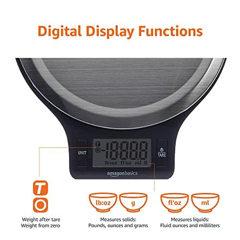 Amazon Basics Digital kitchen scales with LCD display (with batteries), Black and Stainless Steel, BPA free, Weighs up to 11 pounds