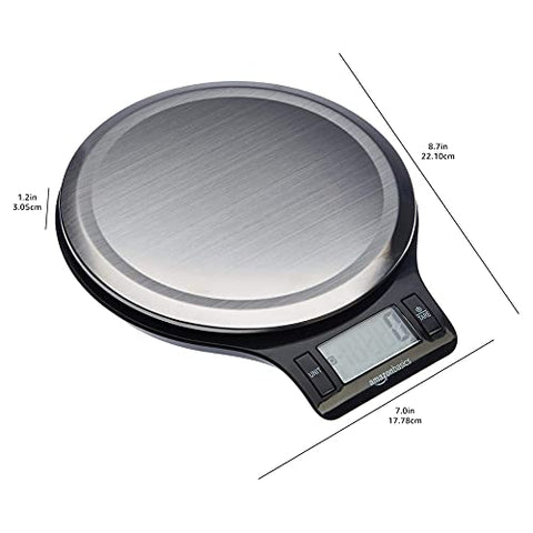 Amazon Basics Digital kitchen scales with LCD display (with batteries), Black and Stainless Steel, BPA free, Weighs up to 11 pounds