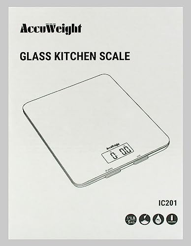 ACCUWEIGHT 201 Digital Kitchen Scales with Tempered Glass Platform (Batteries included), Electronic Weighing Food Scale with Backlit LCD, Multifunction for Office School Home Baking Cooking, 5kg/11lb