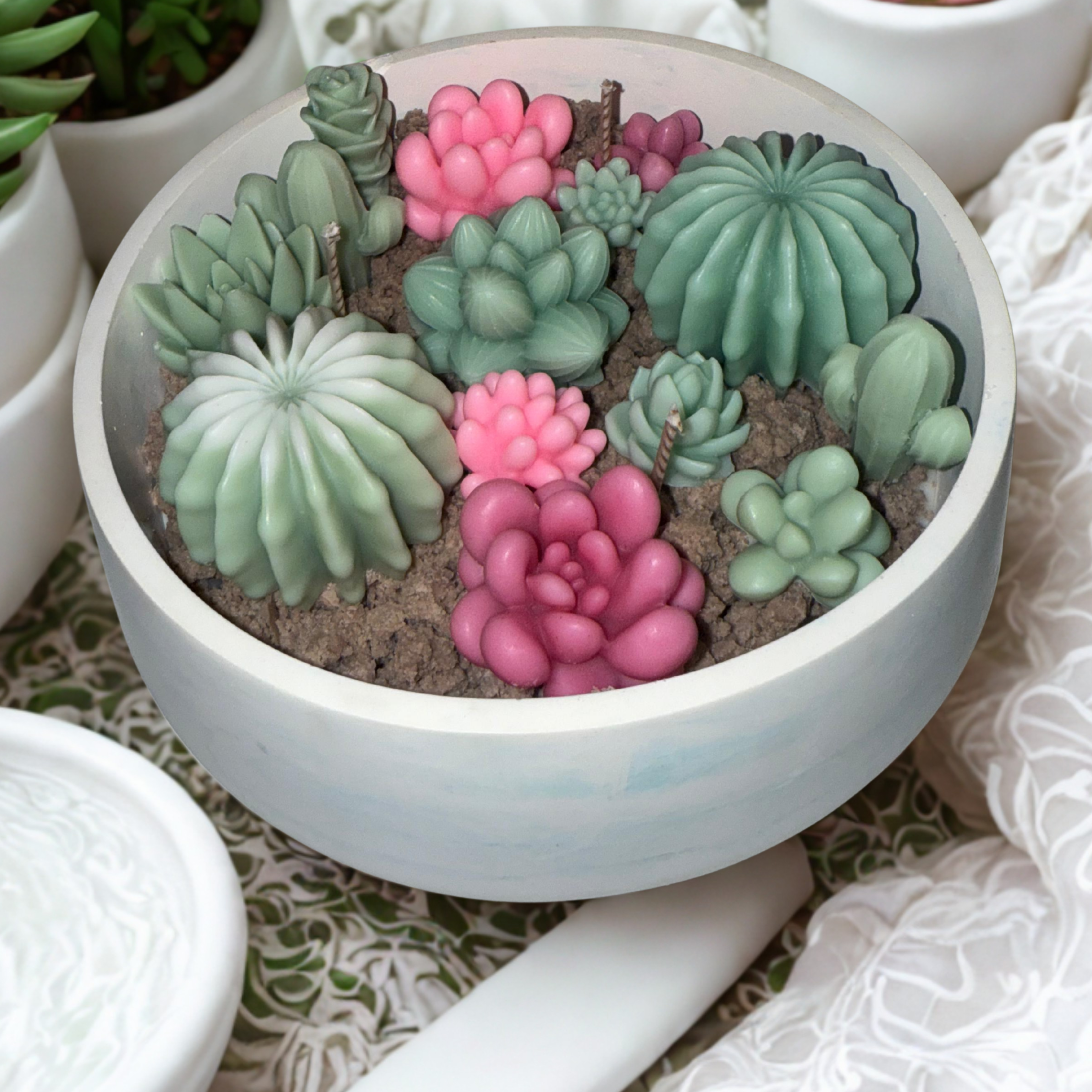 Succulent Candle Arrangement in Planter Pot – Handmade Realistic Succulent Candle Gift