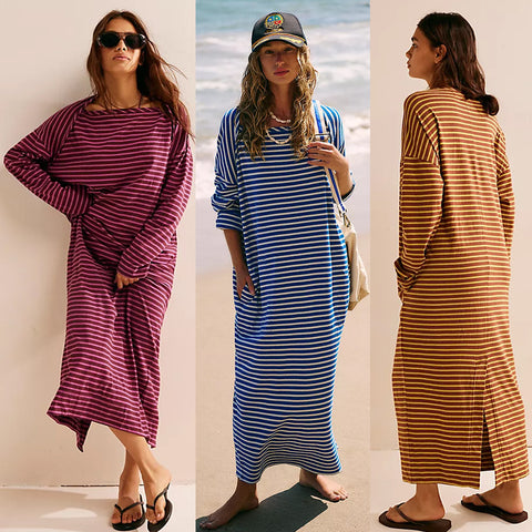 Long Sleeve Loose Long Shirt Contrasting-color Dress