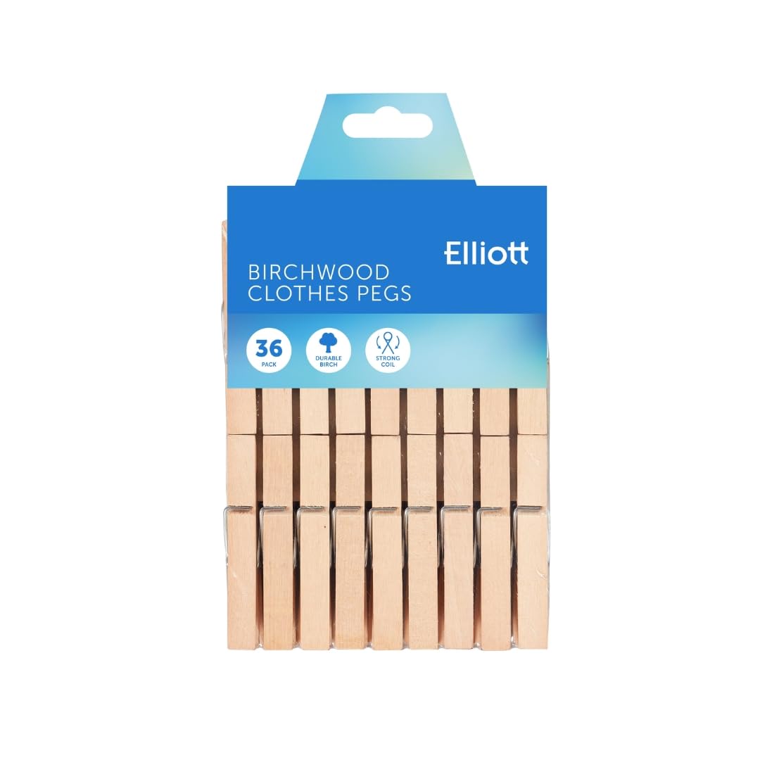 Elliott Hardwood Clothes Pegs with Metal Coil Spring for Firm Grip, Contoured to Prevent Leaving Marks on Clothing, This Pack Include 36 Pegs Ideal for Outdoor and Indoor Use