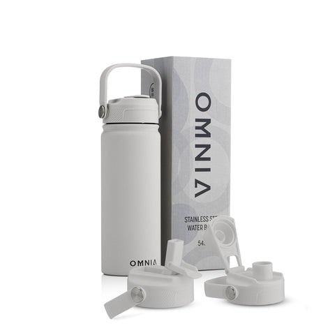 OMNIA Vacuum Insulated Stainless Steel Water Bottle, 2 Lids (Straw & Spout) Leakproof, BPA-Free, Reusable Flask, Hot & Cold Thermos for Sports, Gym, Travel, Outdoors (Stone Grey, 540ML)