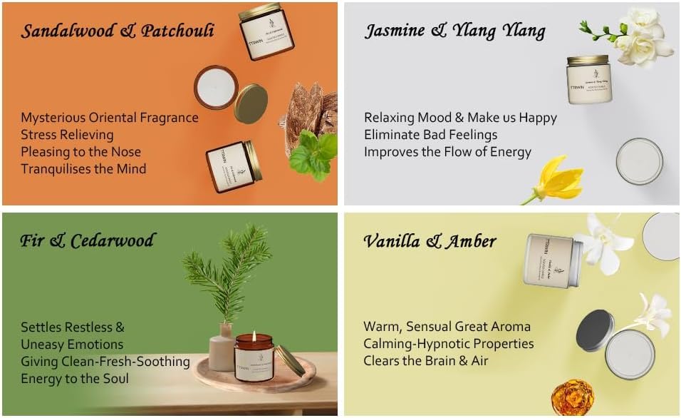 TTRWIN Scented Candles Gift Set, 4 Pack Natural Soy Candles: Jasmine & Ylang Ylang, Sandalwood & Patchouli, Fir & Cedarwood, Vanilla & Amber, Aromatherapy Gift for Christmas Birthday