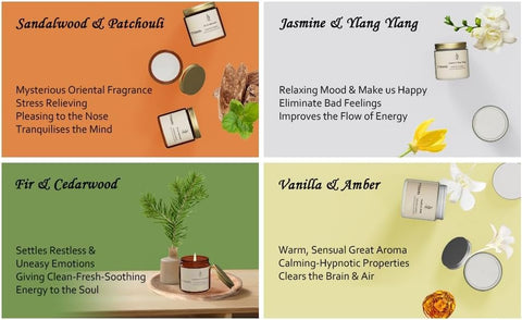 TTRWIN Scented Candles Gift Set, 4 Pack Natural Soy Candles: Jasmine & Ylang Ylang, Sandalwood & Patchouli, Fir & Cedarwood, Vanilla & Amber, Aromatherapy Gift for Christmas Birthday