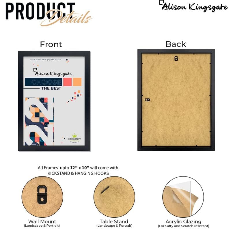 Alison Kingsgate Elegant Sleek Black A3 Frame Size (29.7 x 42cm) - Flat Classic Design Black A3 Picture Frame with Safe Perspex Front & Wall Hanging Hooks - British Handmade Décor Frames