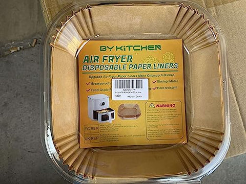 BYKITCHEN Air Fryer Parchment Paper Liner, 50PCS Square Air Fryer Liners Disposable, Greaseproof Paper, Compatible with COSORI, Ninja, Tefal, Russell Hobbs Fryers (Unbleached)