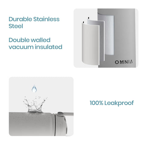 OMNIA Vacuum Insulated Stainless Steel Water Bottle, 2 Lids (Straw & Spout) Leakproof, BPA-Free, Reusable Flask, Hot & Cold Thermos for Sports, Gym, Travel, Outdoors (Stone Grey, 540ML)