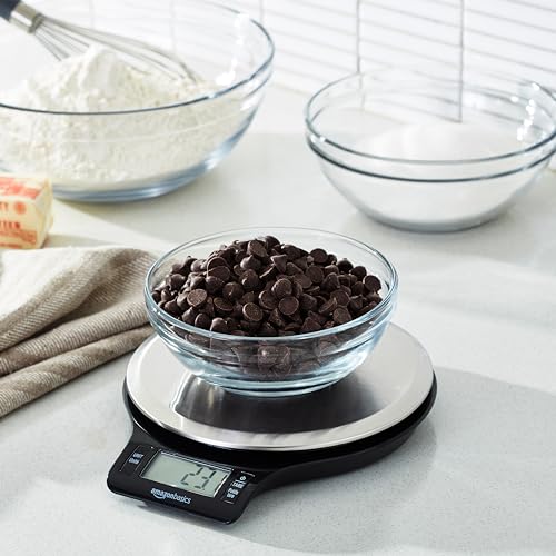 Amazon Basics Digital kitchen scales with LCD display (with batteries), Black and Stainless Steel, BPA free, Weighs up to 11 pounds