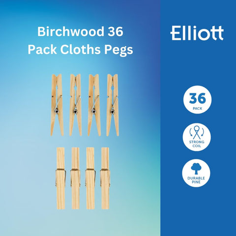Elliott Hardwood Clothes Pegs with Metal Coil Spring for Firm Grip, Contoured to Prevent Leaving Marks on Clothing, This Pack Include 36 Pegs Ideal for Outdoor and Indoor Use