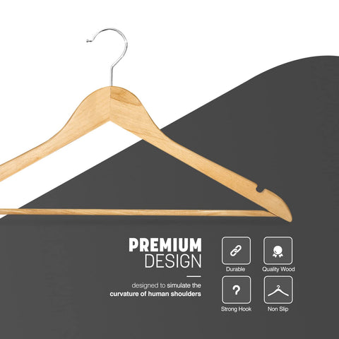 KEPLIN Strong Walnut Wood Wooden Coat Hangers with 360 Degree Rotatory Hook & Round Trouser Bar & Shoulder Notches - Durable Wardrobe Space Saver (Natural, 20 Pack)