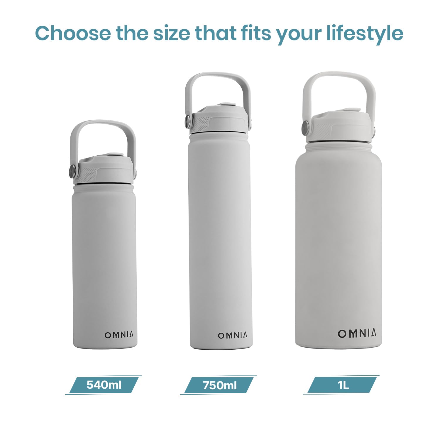 OMNIA Vacuum Insulated Stainless Steel Water Bottle, 2 Lids (Straw & Spout) Leakproof, BPA-Free, Reusable Flask, Hot & Cold Thermos for Sports, Gym, Travel, Outdoors (Stone Grey, 540ML)