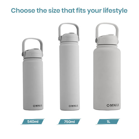 OMNIA Vacuum Insulated Stainless Steel Water Bottle, 2 Lids (Straw & Spout) Leakproof, BPA-Free, Reusable Flask, Hot & Cold Thermos for Sports, Gym, Travel, Outdoors (Stone Grey, 540ML)