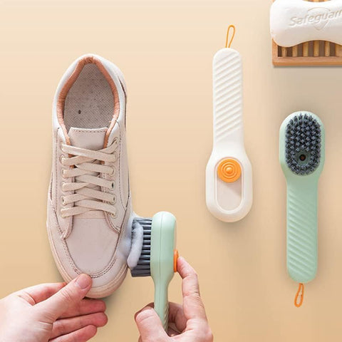 Soft Bristle Shoe Cleaning Brush with Soap Dispenser – Press-Type Liquid Dispensing Scrub Brush for Shoes and Clothes – Household Cleaning Tool (1 Piece)