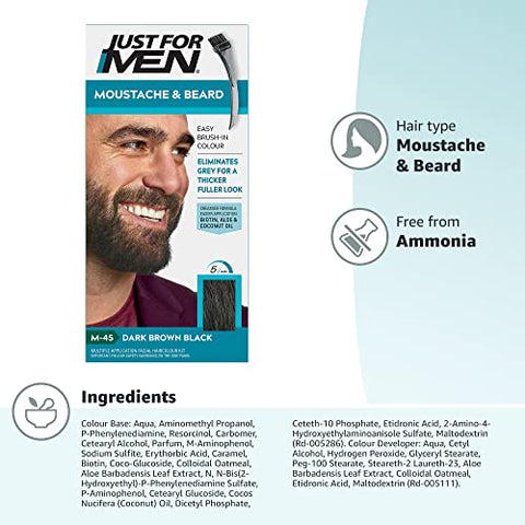 Just For Men Moustache & Beard M45 - Dark Brown Black Dye, Eliminates Grey For a Thicker & Fuller Look With An Applicator Brush Included – M45