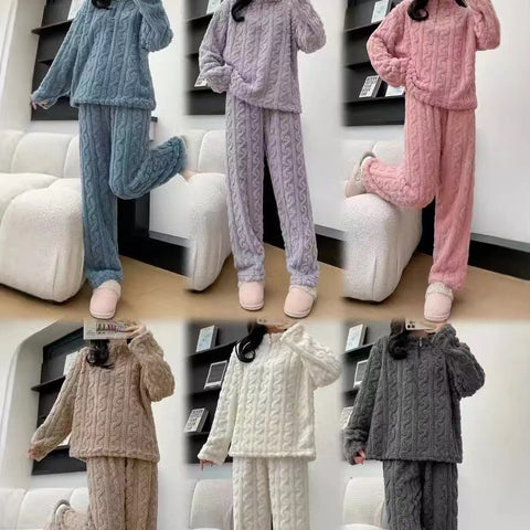 Autumn And Winter New Twist Zipper Couple Fleece-lined Thick Coral Fleece Pajamas