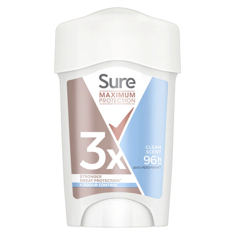 Sure Maximum Protection Clean Scent Anti-Perspirant Cream Women's Deodorant Stick with 3x stronger* sweat protection for 96 hour sweat and odour protection 45 ml