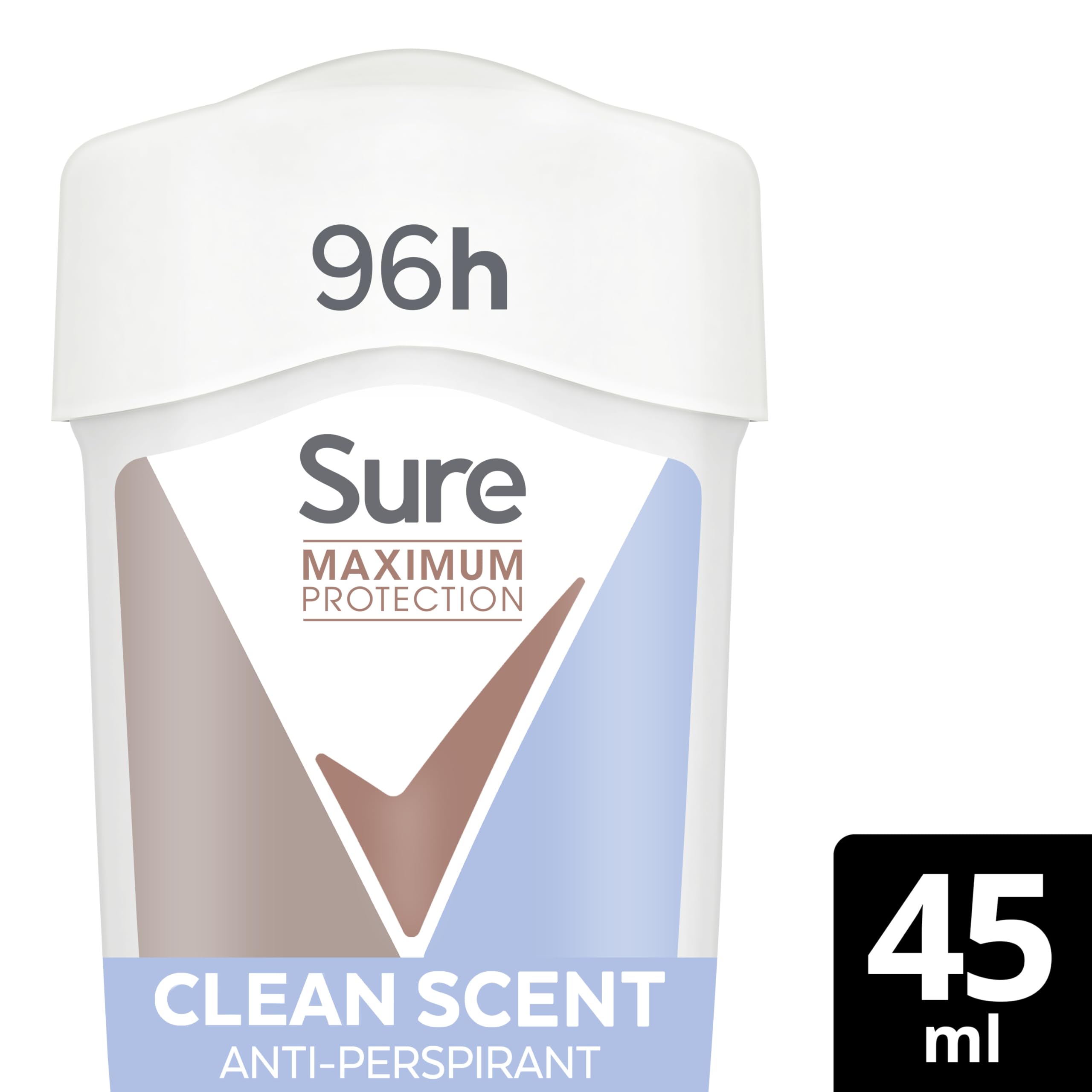 Sure Maximum Protection Clean Scent Anti-Perspirant Cream Women's Deodorant Stick with 3x stronger* sweat protection for 96 hour sweat and odour protection 45 ml