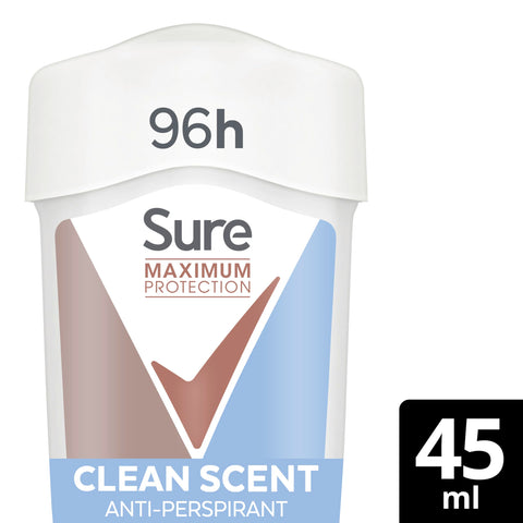 Sure Maximum Protection Clean Scent Anti-Perspirant Cream Women's Deodorant Stick with 3x stronger* sweat protection for 96 hour sweat and odour protection 45 ml