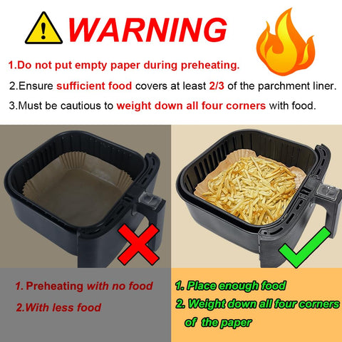 BYKITCHEN Air Fryer Parchment Paper Liner, 50PCS Square Air Fryer Liners Disposable, Greaseproof Paper, Compatible with COSORI, Ninja, Tefal, Russell Hobbs Fryers (Unbleached)