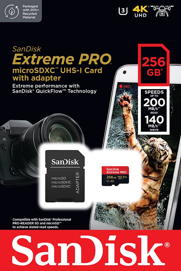 SanDisk 256GB Extreme PRO micro SD card + SD adapter, (For Smartphones, Action Cams, Drones, Speeds up to 200 MB/s) A2 App Performance + RescuePro Deluxe UHS-I, Class 10, U3,