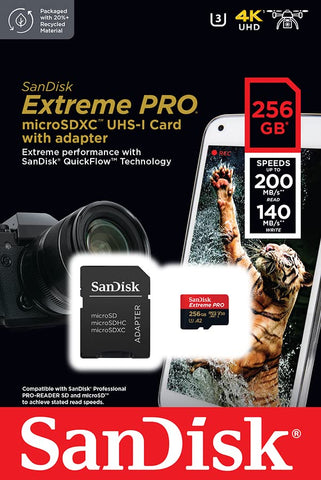 SanDisk 256GB Extreme PRO micro SD card + SD adapter, (For Smartphones, Action Cams, Drones, Speeds up to 200 MB/s) A2 App Performance + RescuePro Deluxe UHS-I, Class 10, U3,