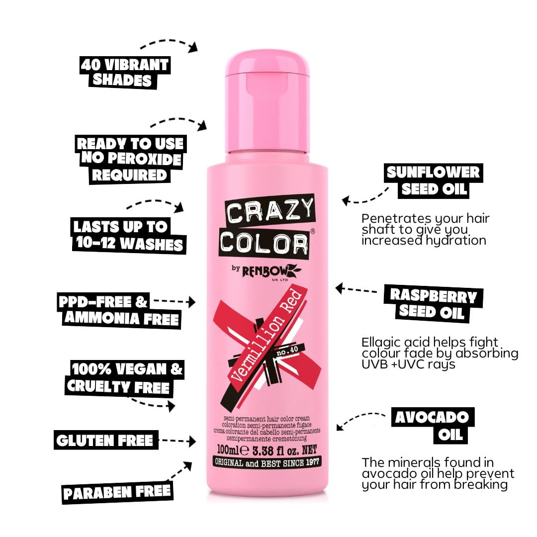 Crazy Color Vibrant Vermillion Red Semi-Permanent Hair Dye. Highly Pigmented Scarlet Red Conditioning & Oil Nourishing Vegan Formula | No Bleach or Ammonia | 100ml