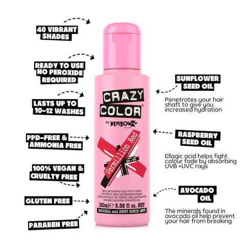 Crazy Color Vibrant Vermillion Red Semi-Permanent Hair Dye. Highly Pigmented Scarlet Red Conditioning & Oil Nourishing Vegan Formula | No Bleach or Ammonia | 100ml