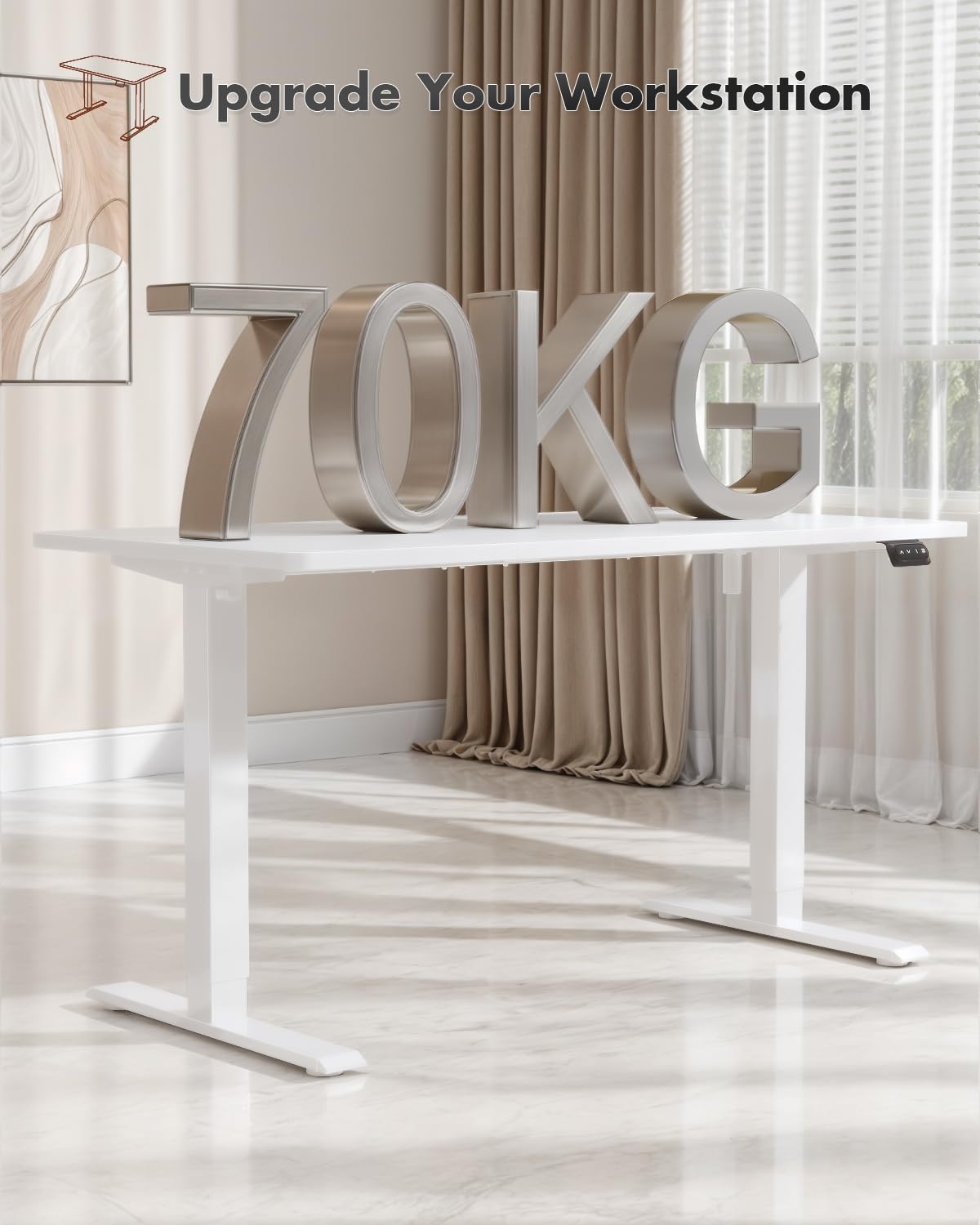 Devoko Electric Standing Desk 120x60cm Sit Stand Table Height Adjustable with Backpack Hook and Memory Smart Pannel, Home Office, White