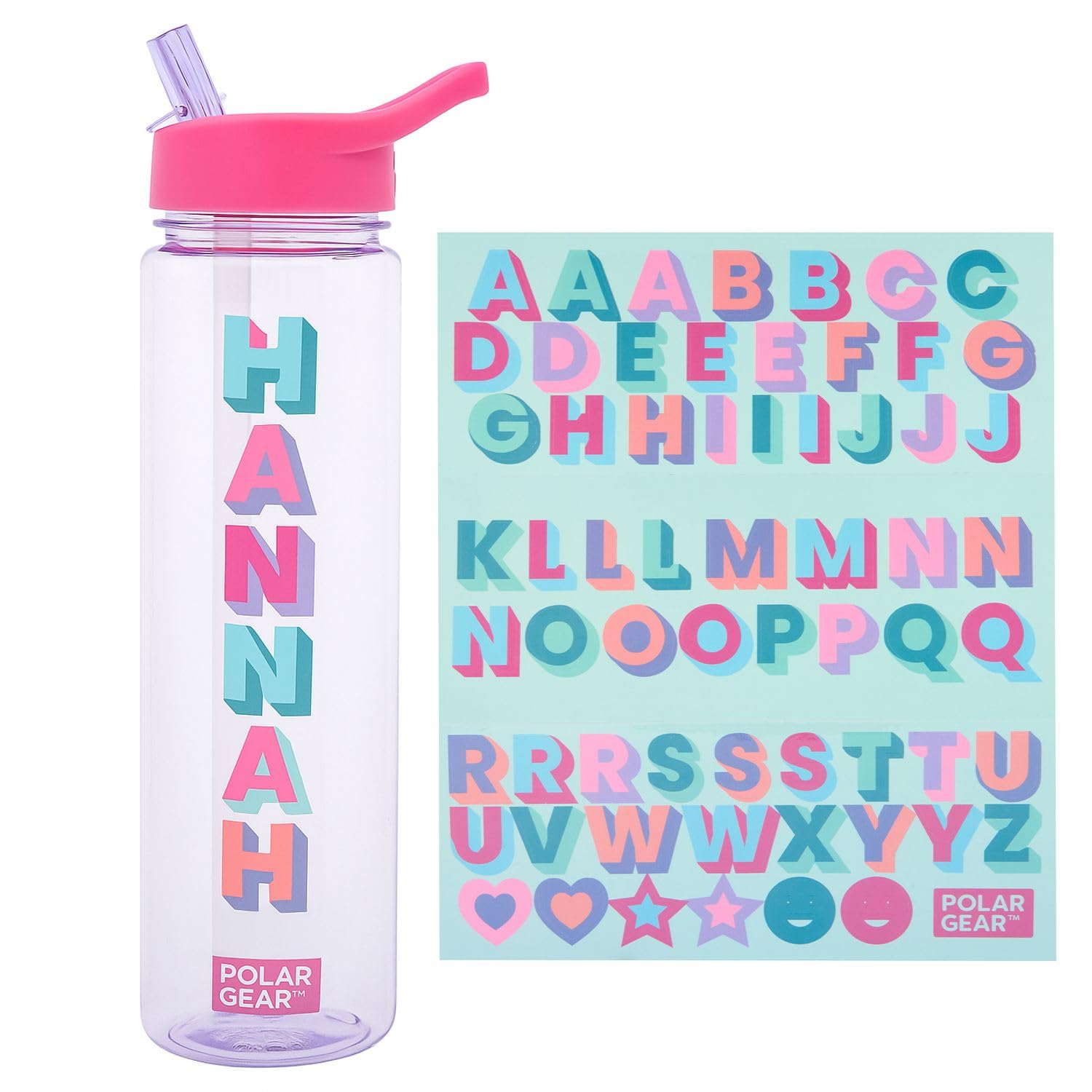 Polar Gear 600ml Kids Water Bottles with Straw and A-Z Sticker Sheet | Personalised Water Bottle Kids Can Decorate | Customisable Childrens Drinks Canteens for Boys and Girls for School, Sports, Home