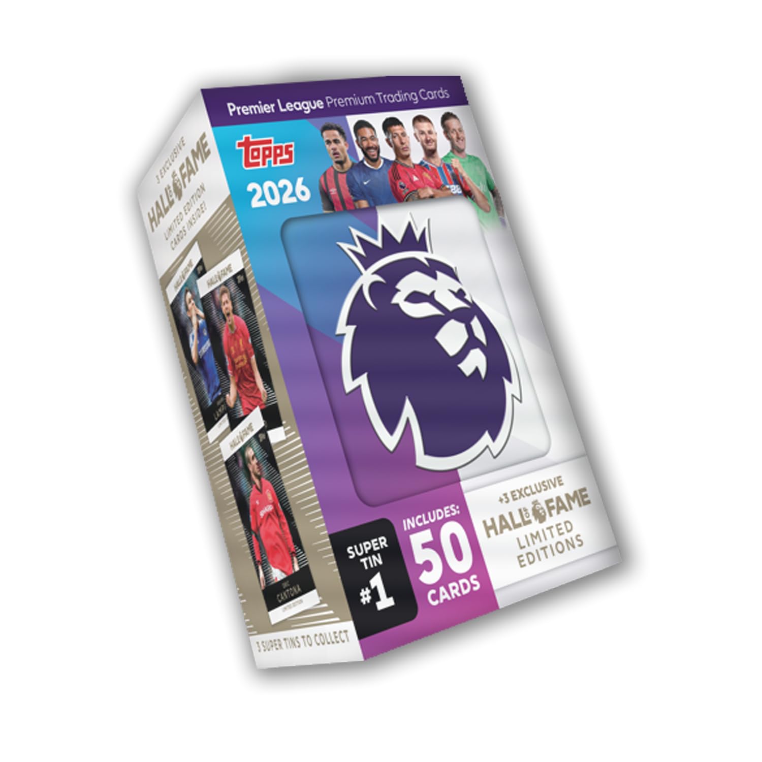 Topps Premier League 2026 - Debut Edition - Hall of Fame Super Tin #1. Contains 50 cards plus 3 Hall of Fame LE cards.
