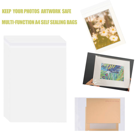 A4 Clear Self-adhesive Bags 100 Pack, 22x30CM Self Sealing Cellophane Display Bags/Sealable Bags, Food Safe, A4 Cello Bags OPP for Cookies,Cards,Envelopes,Pictures