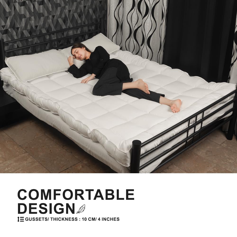 4AS Supersoft Mattress Topper Double Bed - 1100 GSM Filling 4 Inch (10cm) Thick Mattress Topper with Elasticized Corner Straps - White (Double 137x190 cm)